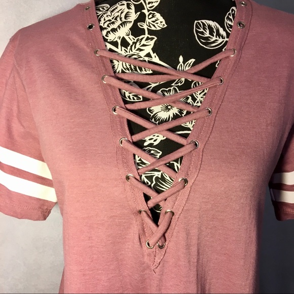 Pink Varsity Stripe sleeve Front Lacing Shirt - Picture 2 of 4